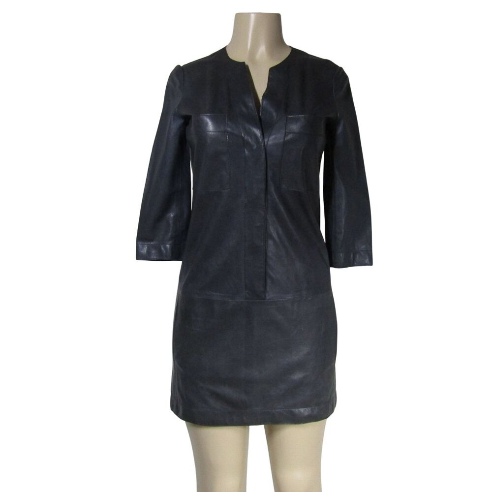 VINCE Butter Soft Leather Minimalist Black Mini Shift Dress Quiet Luxury Boho 2